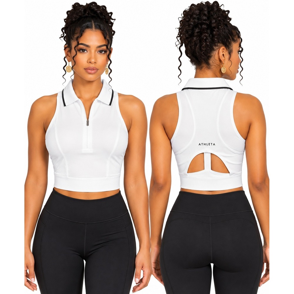 Athleta Advantage Sleeveless Polo Top White Quarter Zip Cropped 775613-02 M